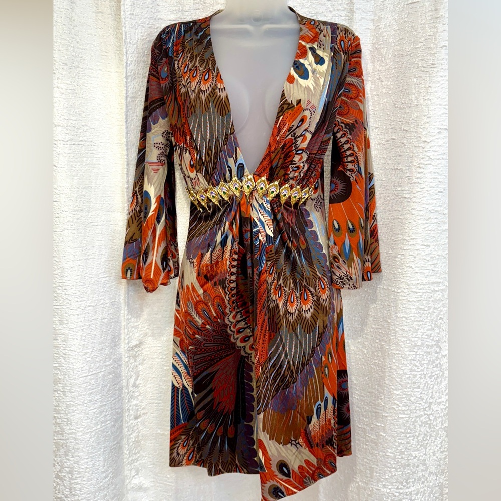 RARE Stunning NWOT SKY L Peacock Print Deep V-Neck Dress Rust Gold RHOC ASOS